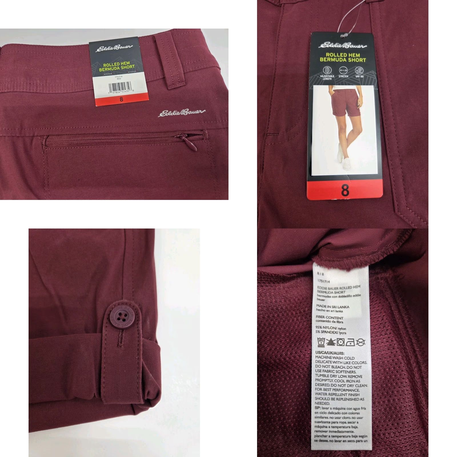 Eddie Bauer NWT Eddie Bauer Women's Bermuda Shorts Maroon 8 Stretch Nylon Spandex Rolled Hem Zip Front Flat Front Pockets Casual Outdoor Hiking Beach Womens Size 30" / US 8 / IT 44 - 8 Thumbnail