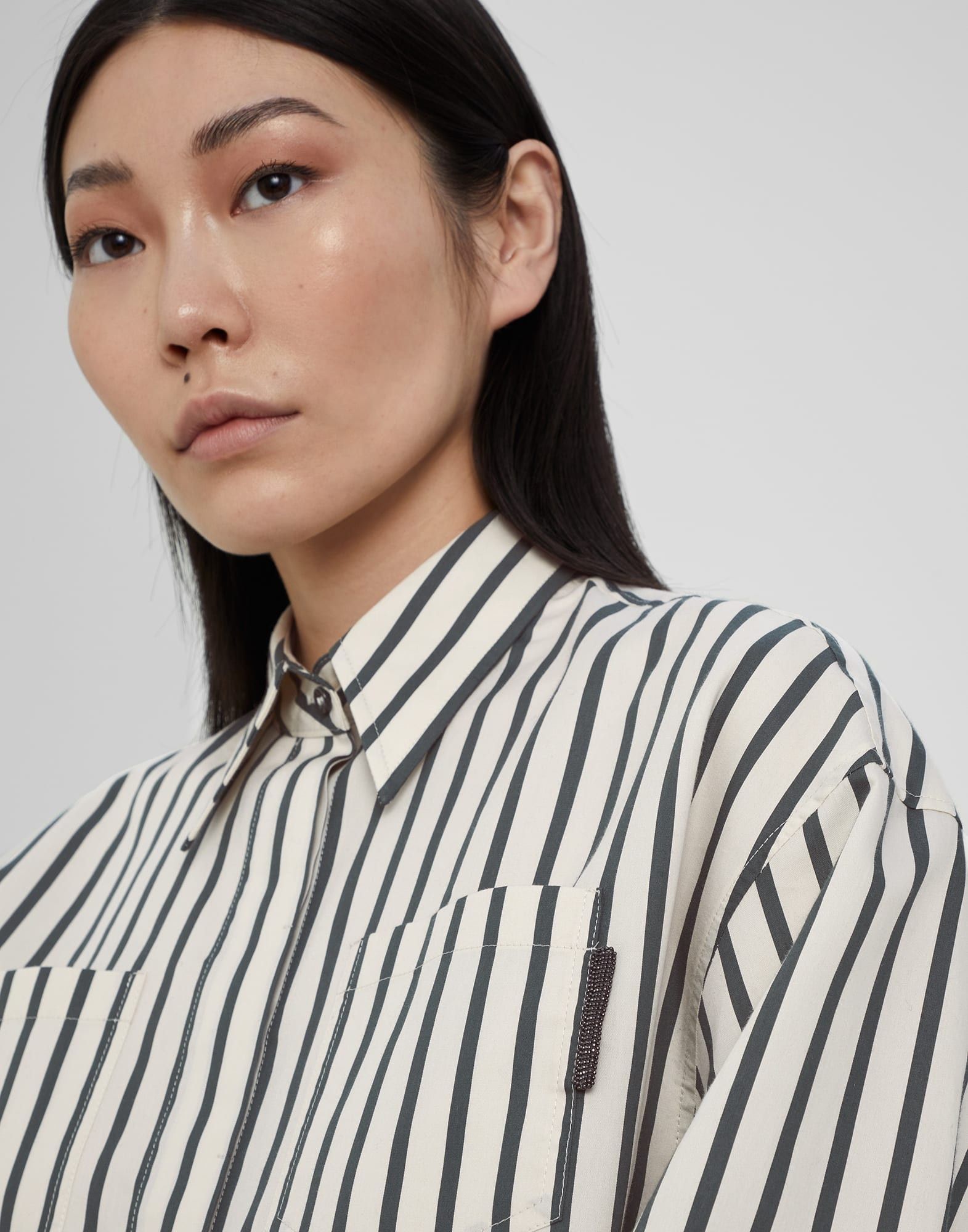 Brunello Cucinelli o1y0725 Striped Shirt in Ivory/Black Size XXS / US 00 / IT 34 - 2 Thumbnail