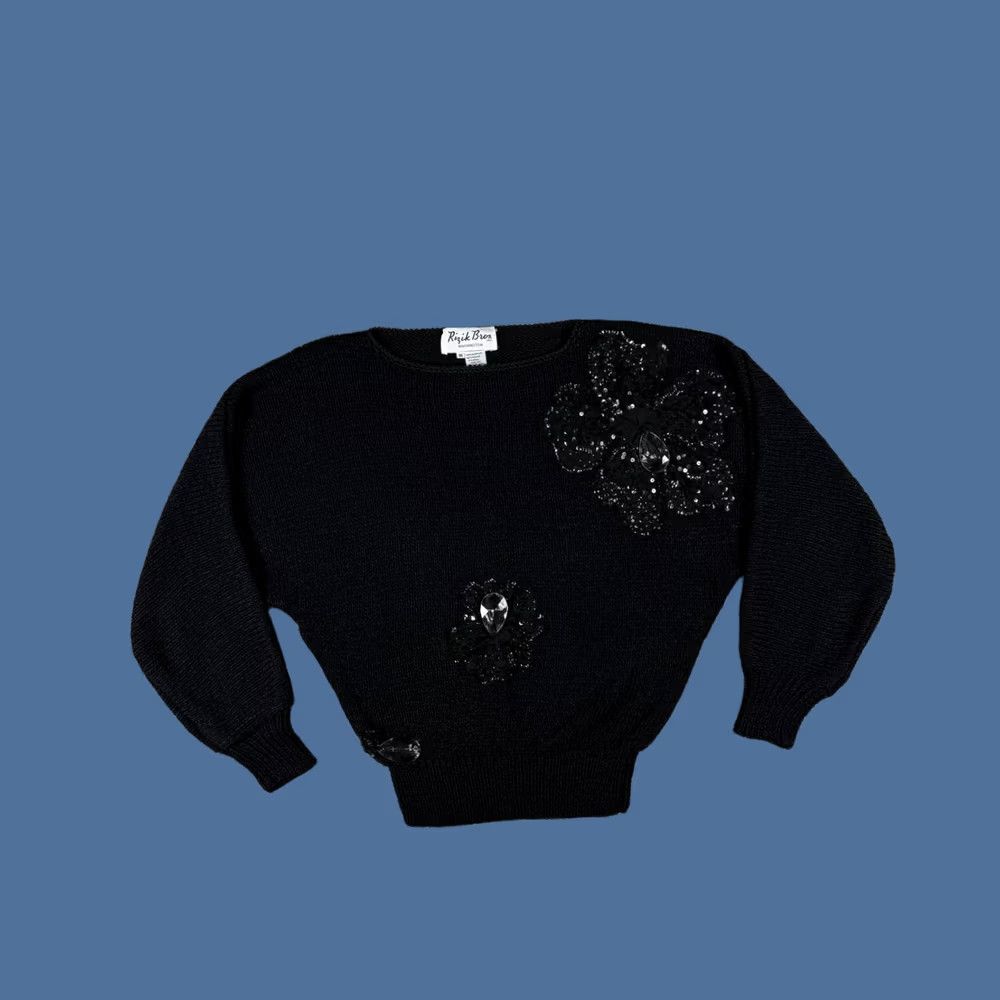 Vintage VINTAGE Rizik Bros Washington Sweater Black Size M Hand Knit Beaded Floral Womens Size M / US 6-8 / IT 42-44 - 1 Thumbnail