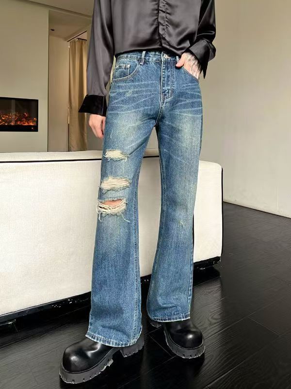Jean American retro blue distressed loose ripped flared jeans Size US 32 / EU 48 - 1 Thumbnail