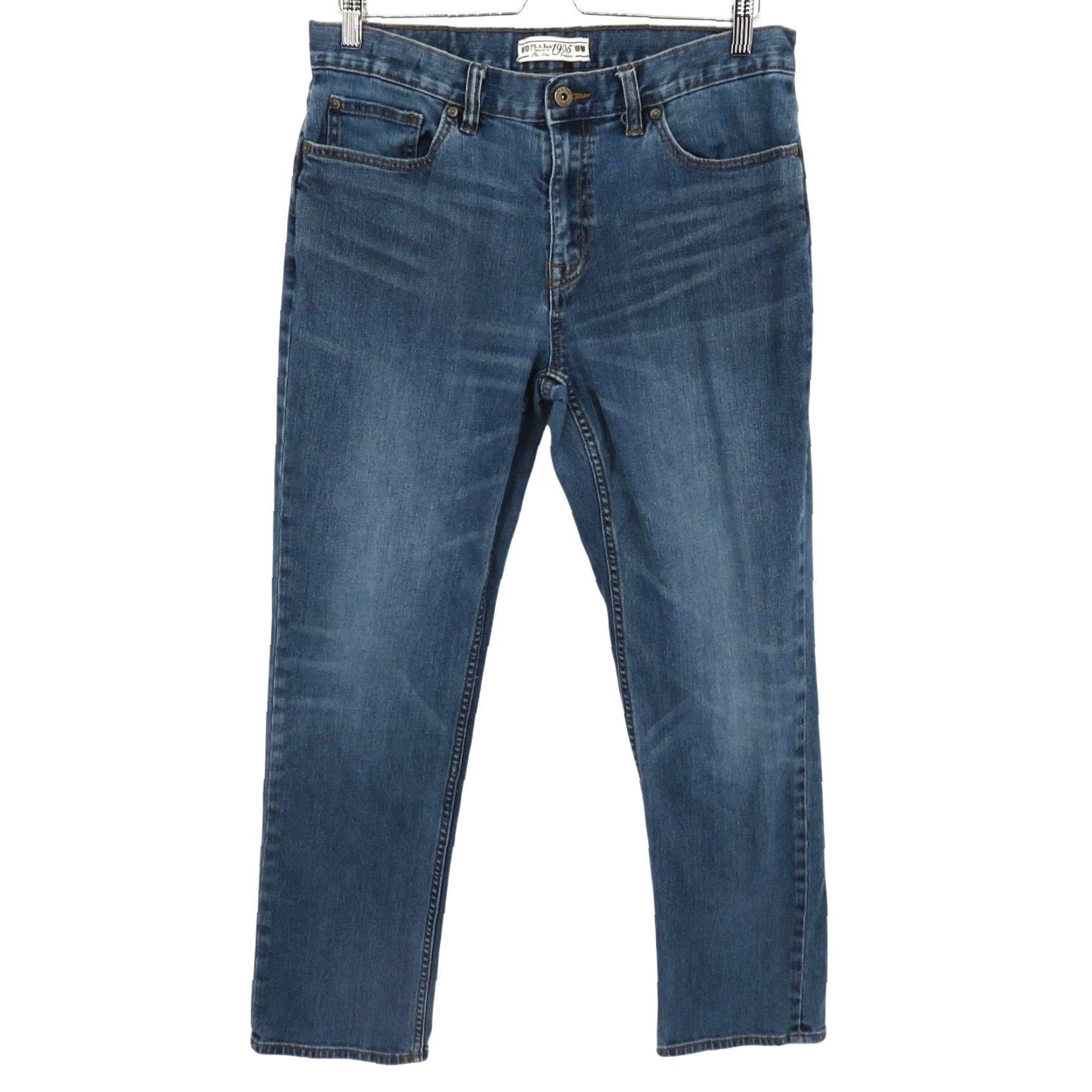 Jos A Bank Jeans Men 34W 32L Tailored Fit Denim Blue Cotton Blend 5-Pocket Inseam 32in Straight Pants