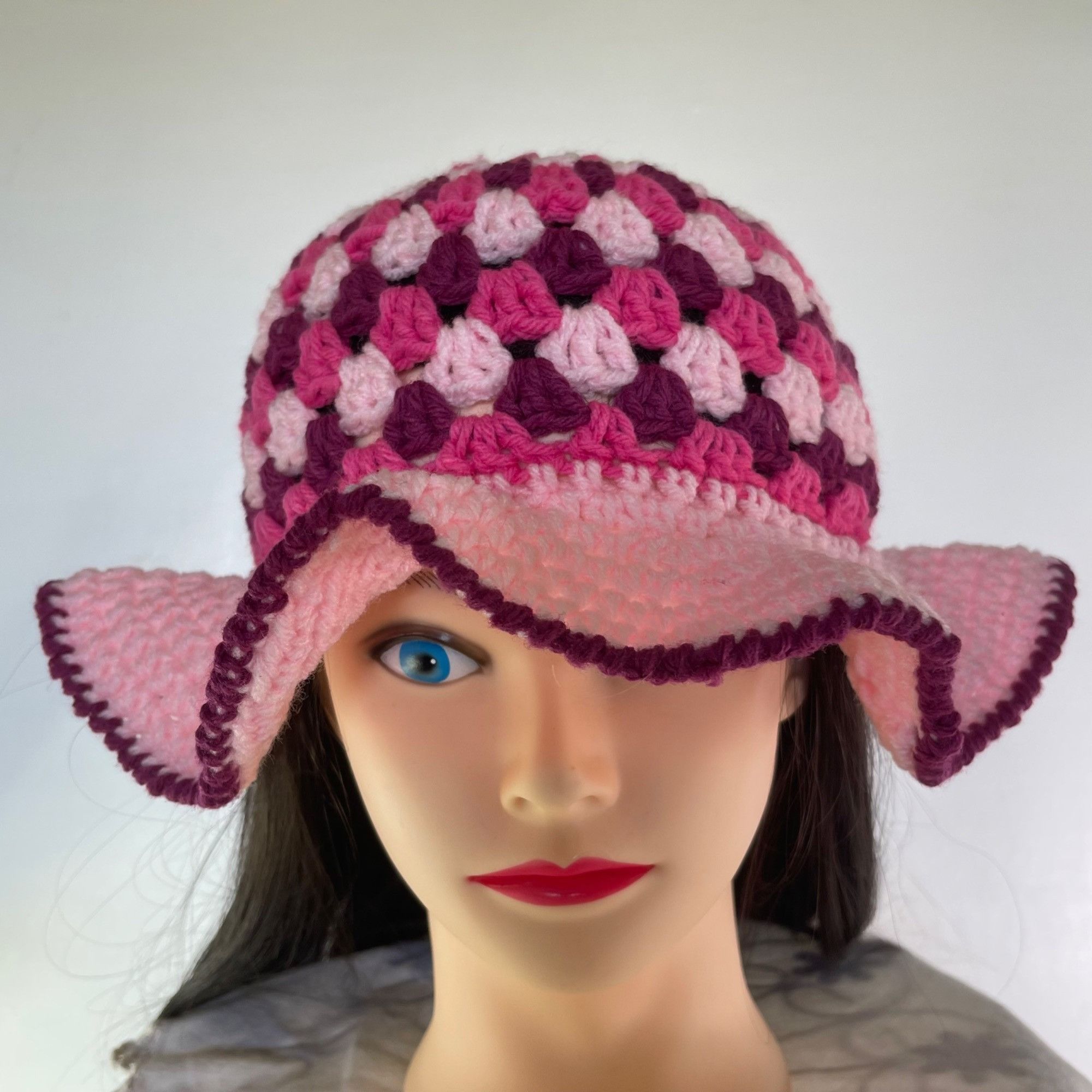 Handmade Crochet Bucket Hat Granny Square Pattern Pink Burgundy Adult Size ONE SIZE - 1 Thumbnail