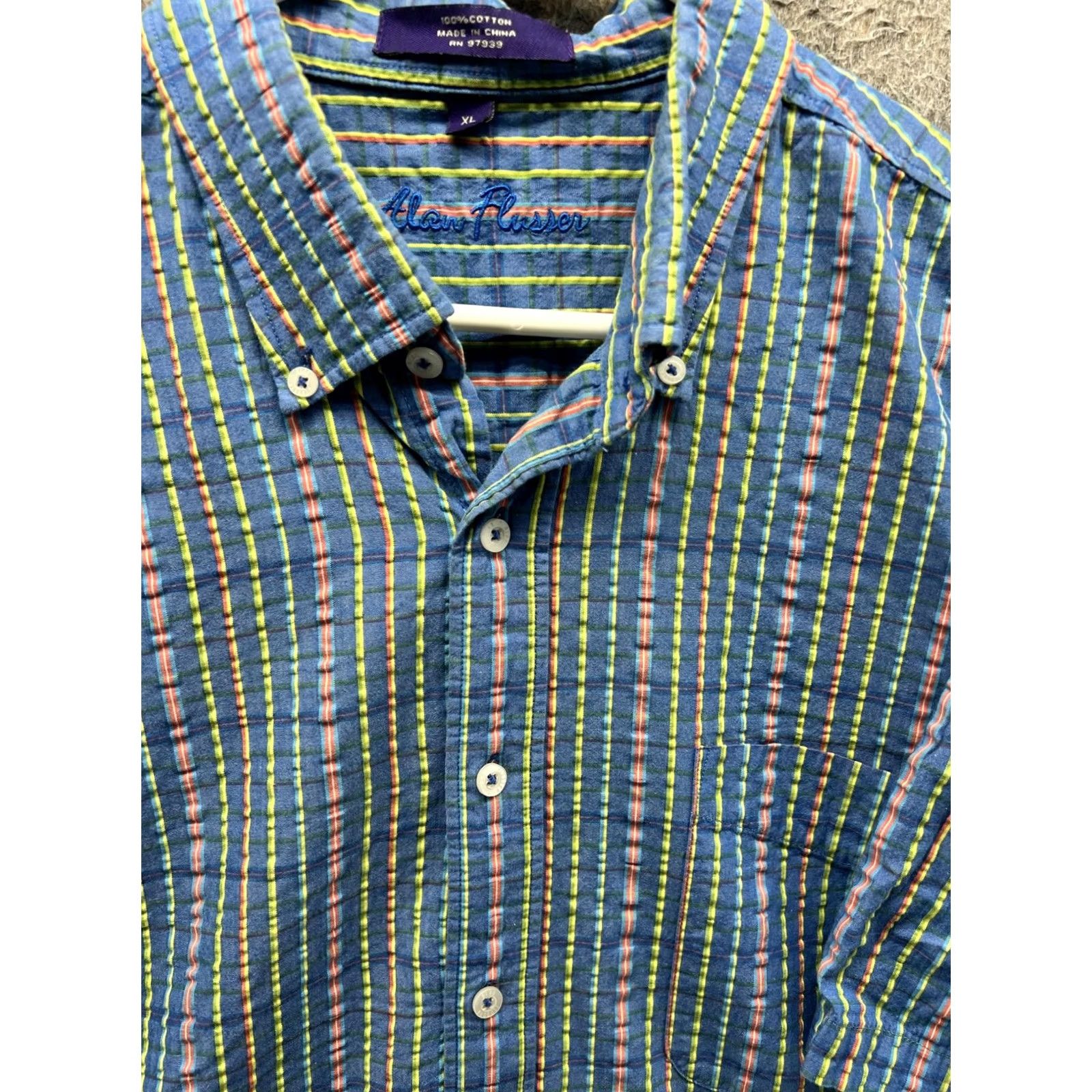 Vintage Alan Flusser Shirt Mens XL Blue Striped Short Sleeve Button Front Cotton Oxford Seersucker Casual Size US XL / EU 56 / 4 - 7 Thumbnail
