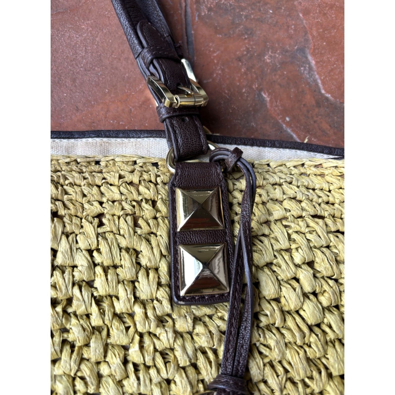 Michael Kors Michael Kors Woven Tote Bag Leather Trim Walnut Brown Beige Straw | Large | Women | Gold Hardware | Pouch Charm | Leather Lining Size ONE SIZE - 4 Thumbnail
