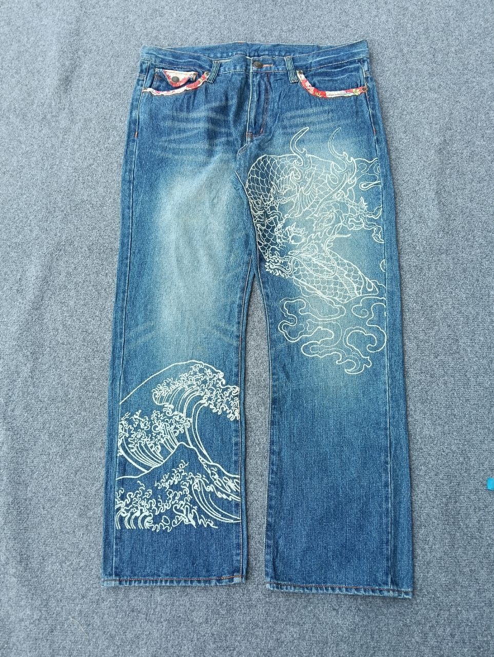 Karakuri Tamashii Japanese Brand Dragon & Great Wave Embroidered Denim Jeans. Size US 36 / EU 52 - 1 Thumbnail