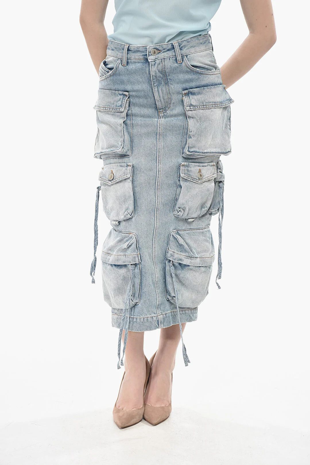 The Attico og1mm0426 Denim Midi Cargo Skirt in Light Blue Size 26" / US 2 / IT 38 - 1 Thumbnail