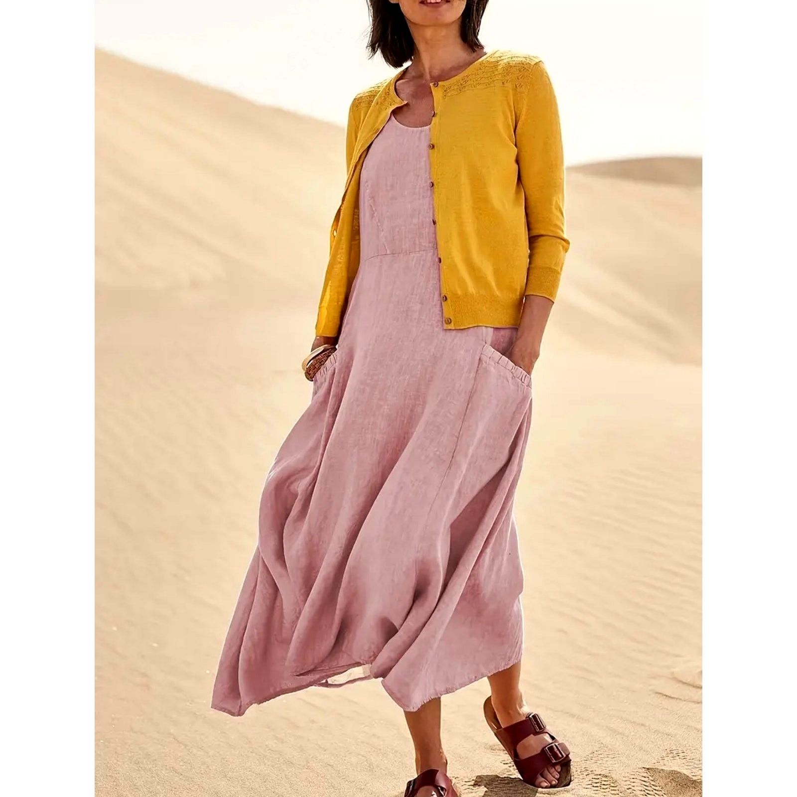 Other Sleeveless 100% Cotton Midi Dress Pockets Pink Red size 14 Size XL / US 12-14 / IT 48-50 - 4 Thumbnail
