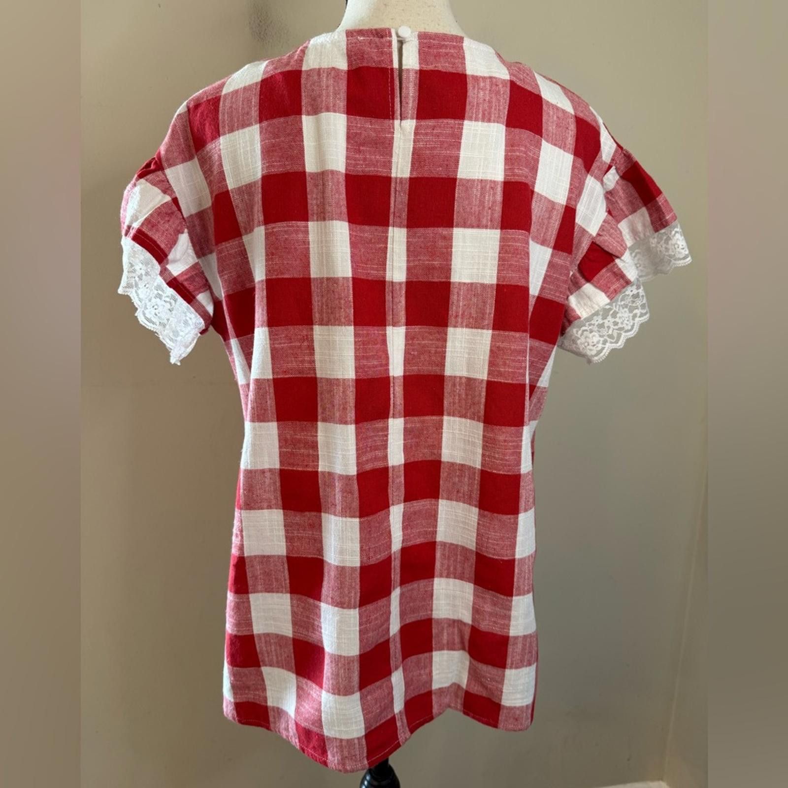 Other Wonderland by Orange linen blend red white plaid lace top LG Size L / US 10 / IT 46 - 4 Thumbnail