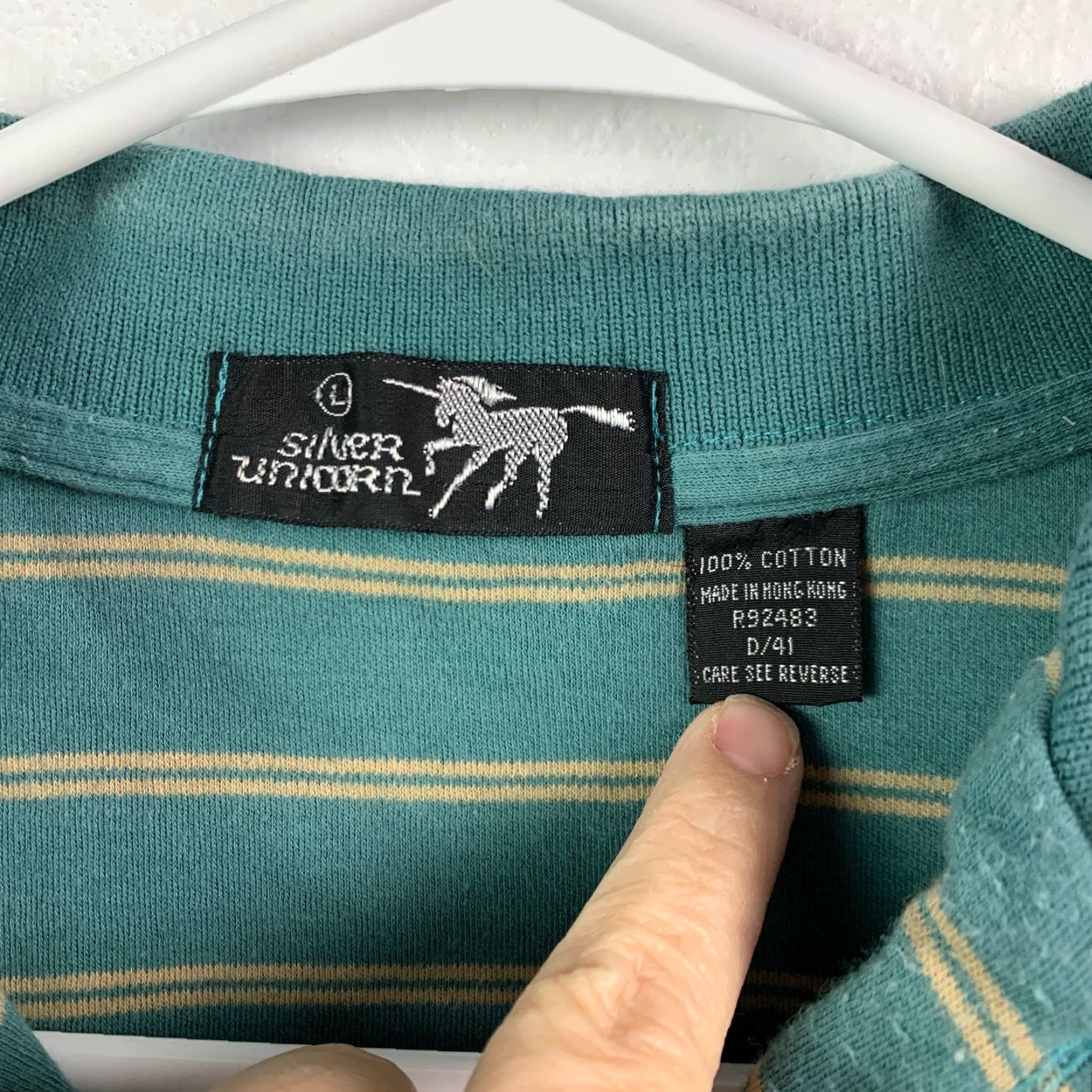 Vintage VINTAGE Silver Unicorn Polo Shirt 70s Striped Green Large Men 100% Cotton Casual Short Sleeve Collared Shirt Size US L / EU 52-54 / 3 - 3 Thumbnail