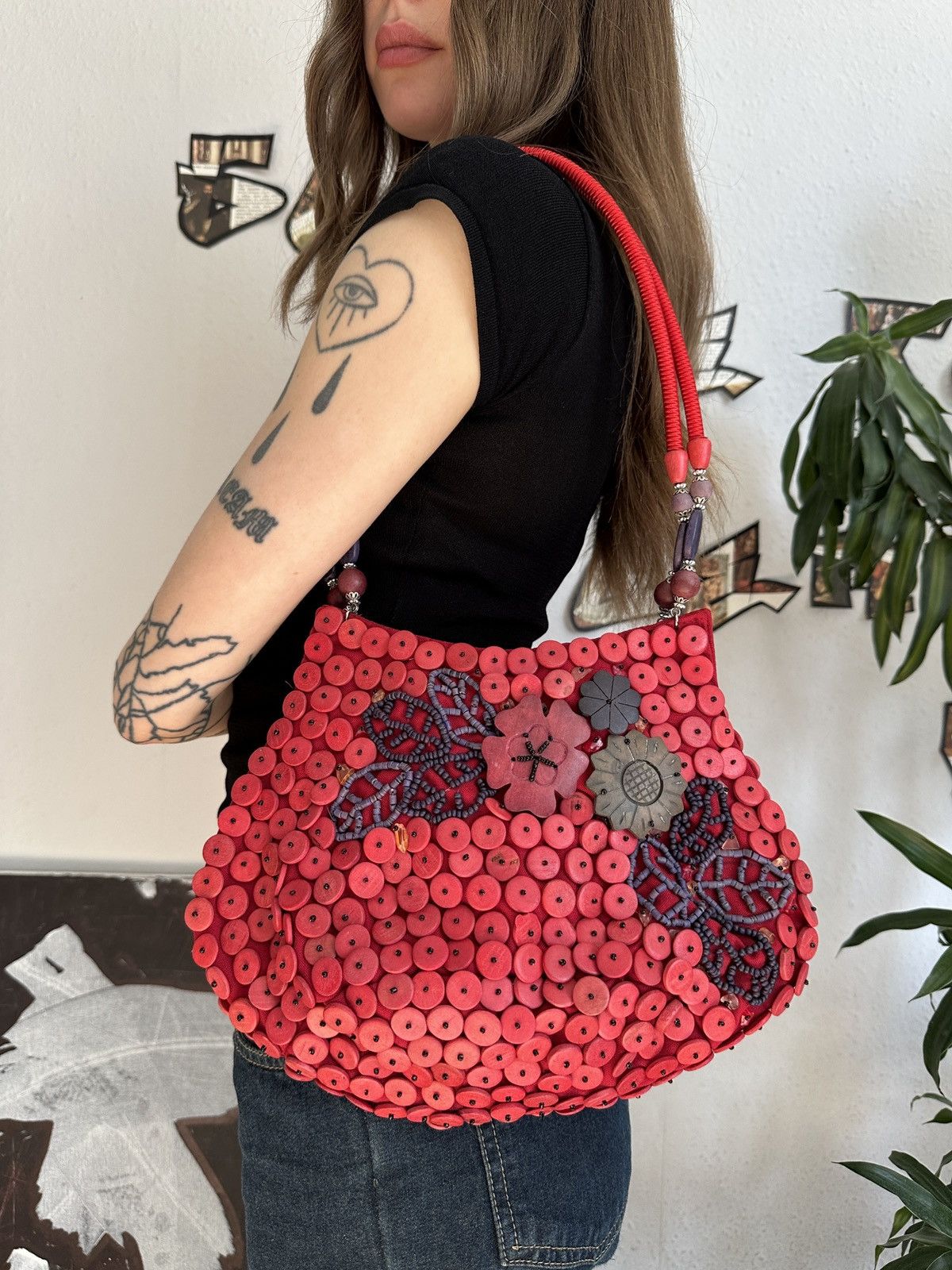 Vintage Wood Beaded Boho Fairy Purse Floral Bag in Red, Women's