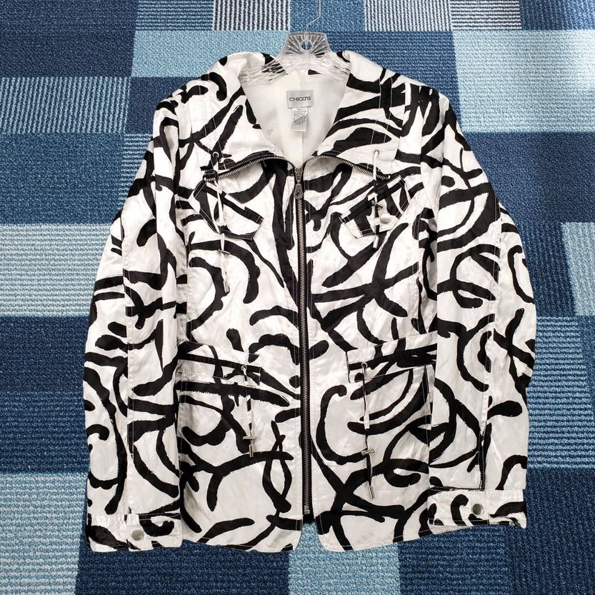 Vintage Chicos Jacket Womens 8 White Geometric Long Sleeve Full