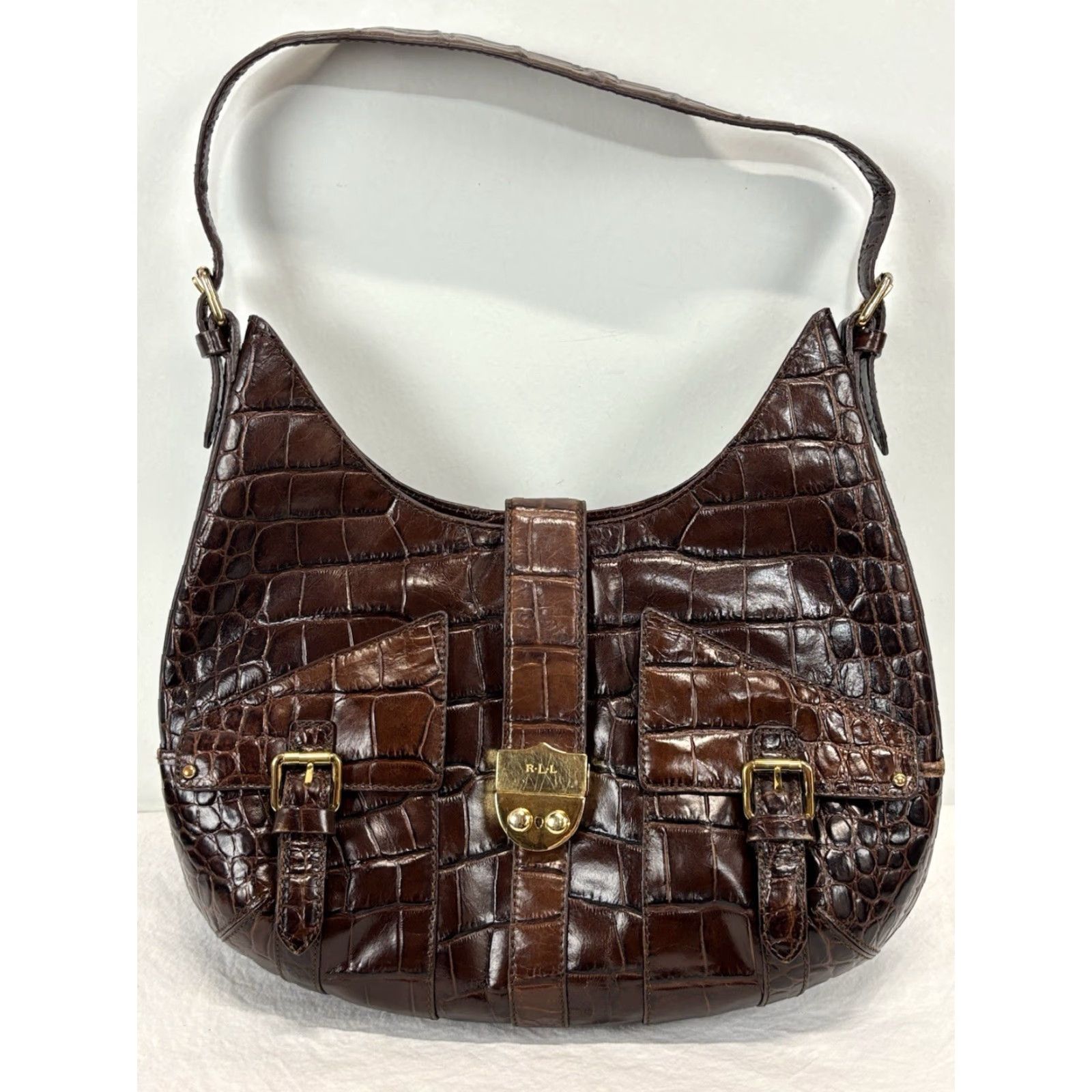Ralph Lauren Lauren Ralph Lauren Croc Embossed Leather Hobo Purse Brown Shoulder Bag Women Medium Croc Brown Leather Gold Hardware 90s Designer Old Money Size ONE SIZE - 2 Thumbnail