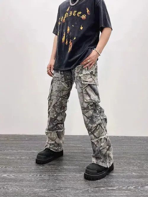 image of Retro Camouflage Irregular Raw Edge Work Jeans in Camouflage Green, Men's (Size 32)
