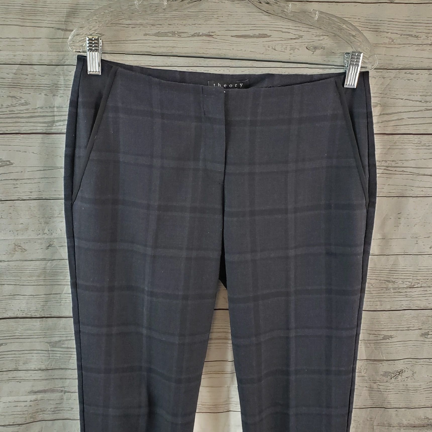 Theory Theory Womens Pants 6 Black Blue Plaid Wool Blend Cuffed Low Rise Dress Pants Womens Size 28" / US 6 / IT 42 - 2 Thumbnail