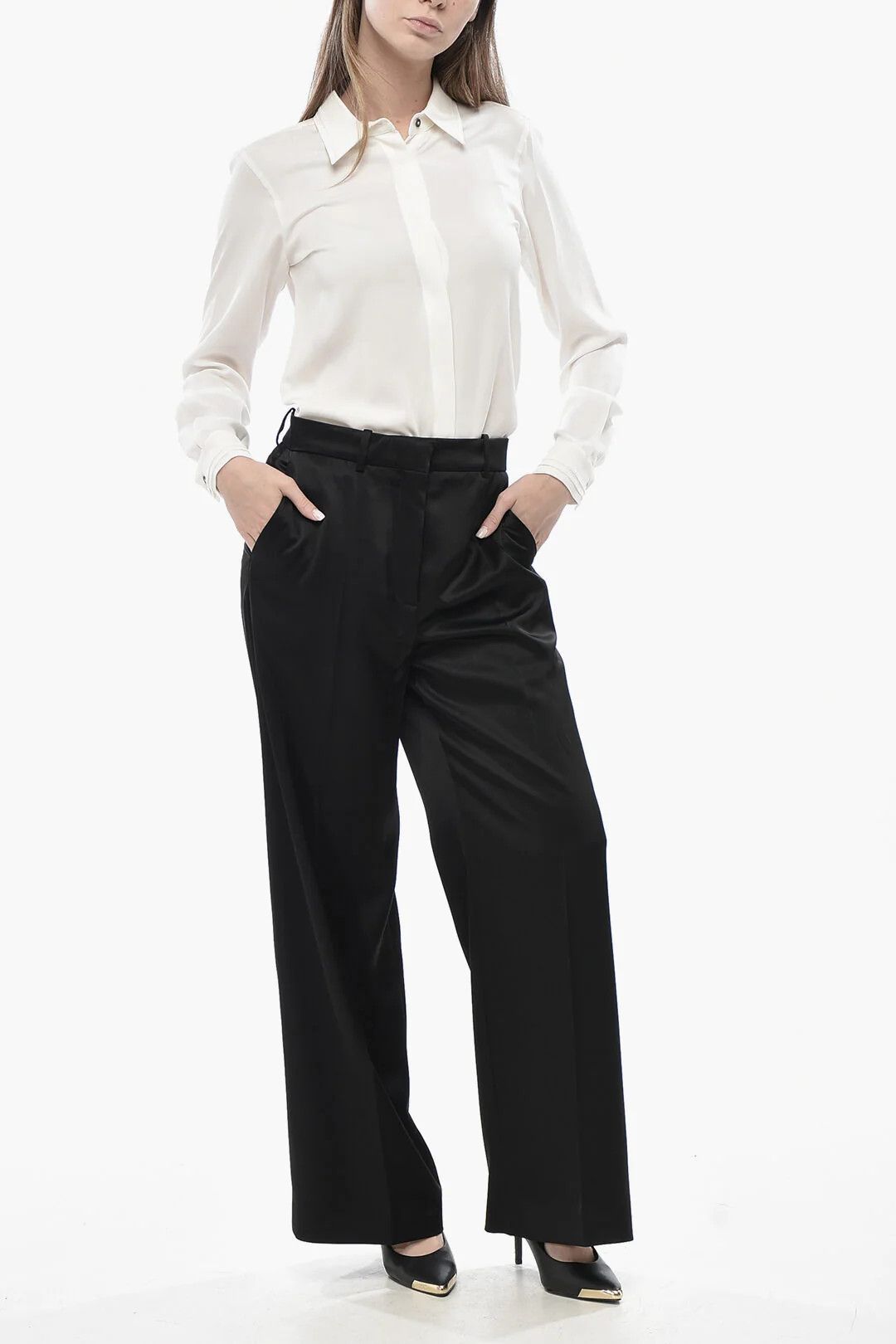 Lanvin og1mm0426 Satin Palazzo Trousers in Black Size 28" / US 6 / IT 42 - 4 Thumbnail