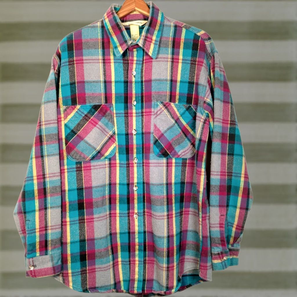 Vintage VINTAGE St John's Bay Flannel Shirt Men LT Large Tall Blue Purple Yellow USA Made Shirt Size US L / EU 52-54 / 3 - 1 Thumbnail