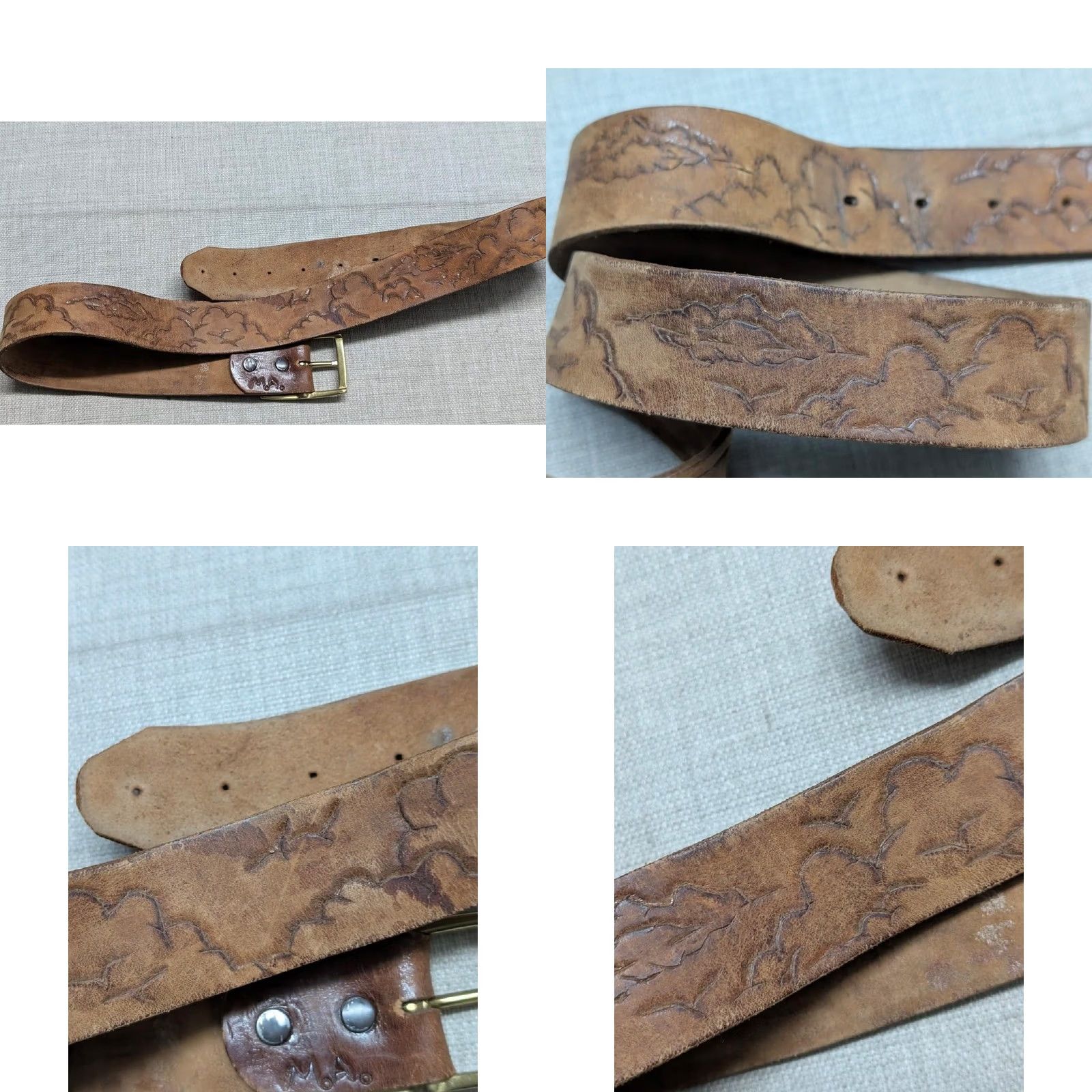 Vintage VINTAGE handcrafted western belt belt 36 brown leather cowhide Mens 36 belt Western Buckle 1970s Birds Clouds Sky Size 36 - 8 Thumbnail