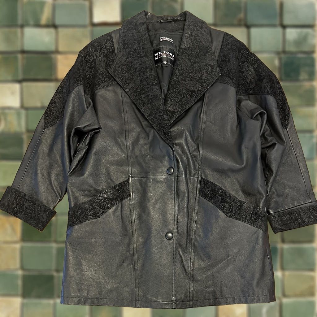 Vintage VINTAGE Wilson’s Thinsulate Leather Jacket Floral Trim Button Up Medium Black Suede Lined Buckle 80s Womens Size M / US 6-8 / IT 42-44 - 1 Thumbnail