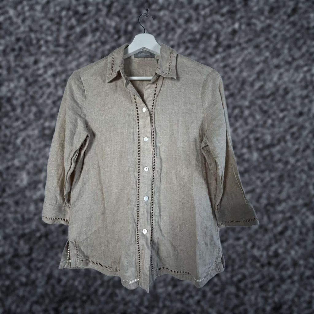 Liz Claiborne Liz Claiborne Shirt Womens Beige 3/4 Sleeve Lace Insert Linen Button-Up Small Size L / US 10 / IT 46 - 1 Thumbnail