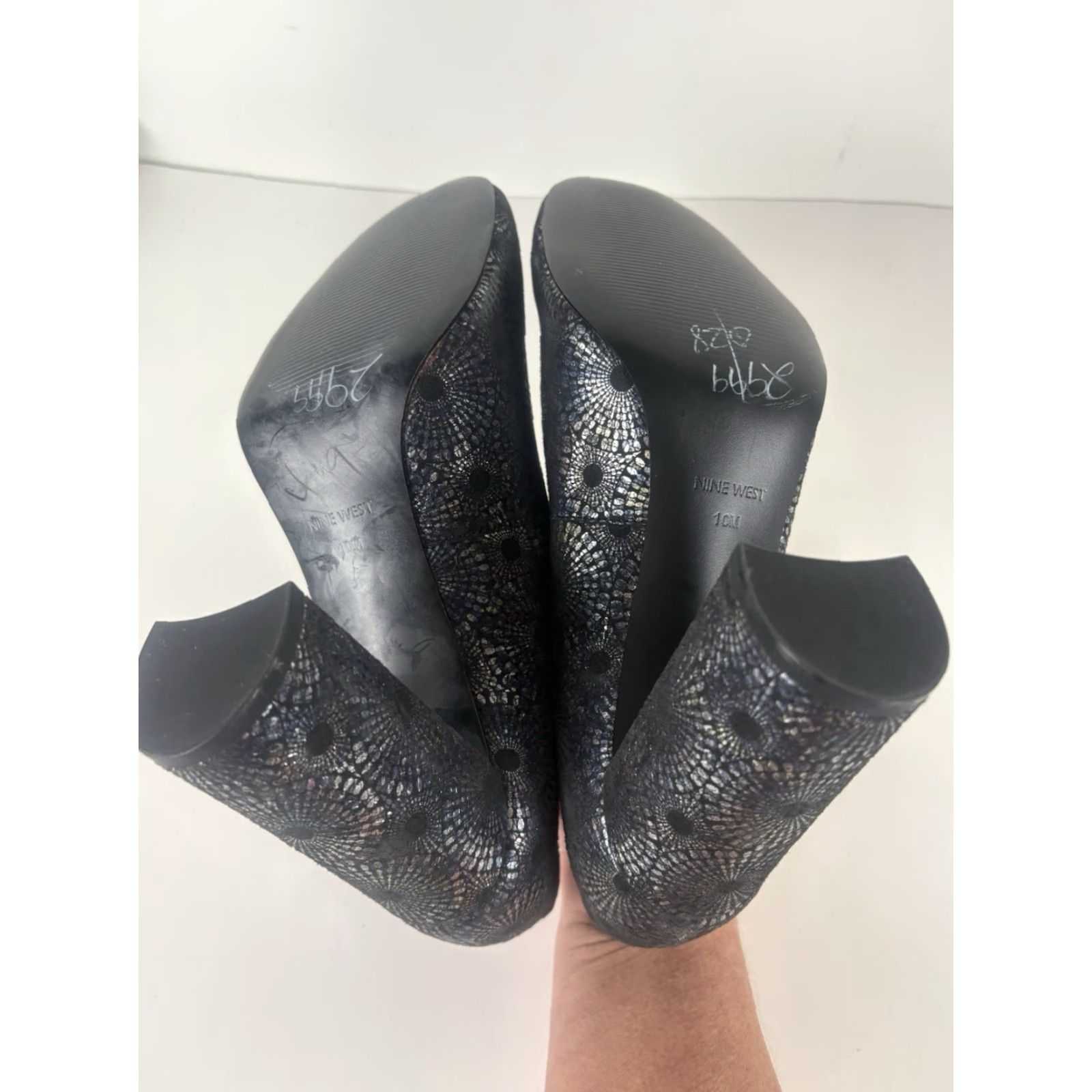 Nine West Nine West Denton Suede Iridescent Spiral 4.5in Block Heel Womens Size 10 Pump Multicolor Geometric Bohemian Clubwear Retro Spriral Fireworks Size US 10 / IT 40 - 6 Thumbnail