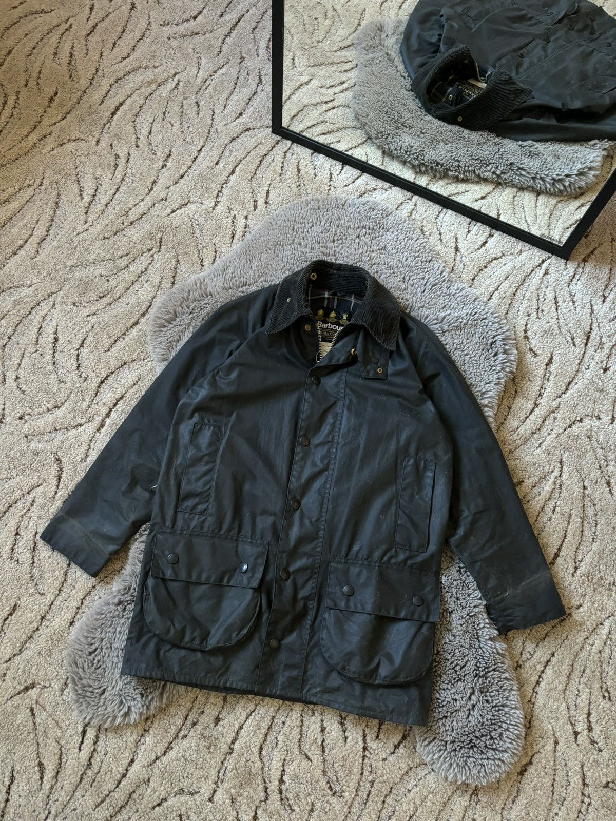 image of Barbour Jacket Vintage Beaufort Waxed Cotton Coat in Dark Grey, Men's (Size Small)
