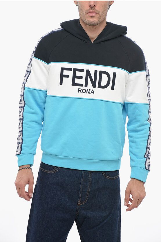 image of Fendi Relaxed-Fit Hoodie Sweatshirt With Ff Pattern in Blue, Men's (Size Large)
