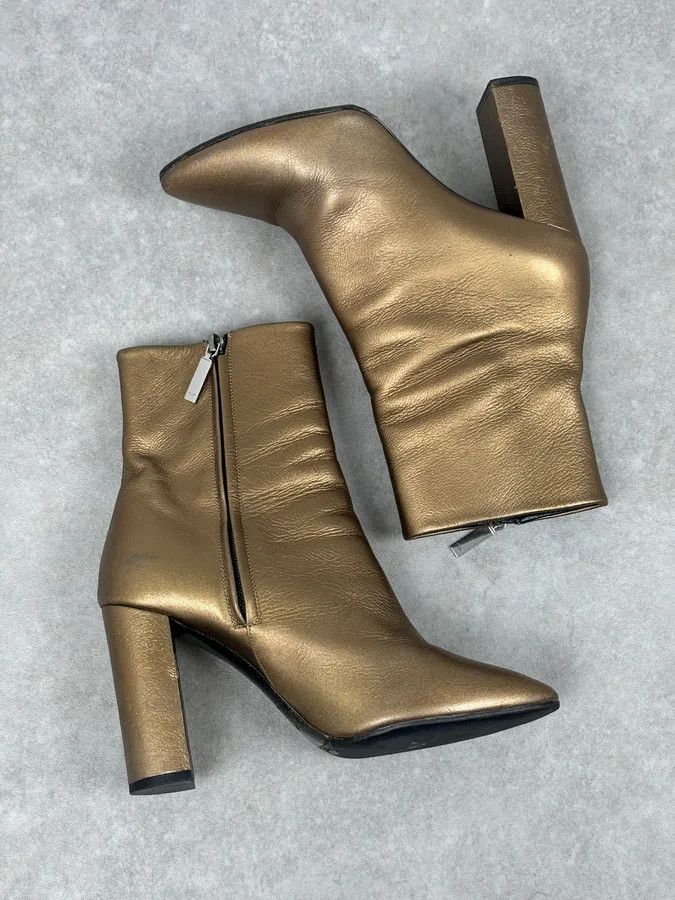 Saint Laurent Paris Saint Laurent Gold Leather Ruched Block Heel Bootie Size US 8 / IT 38 - 5 Thumbnail