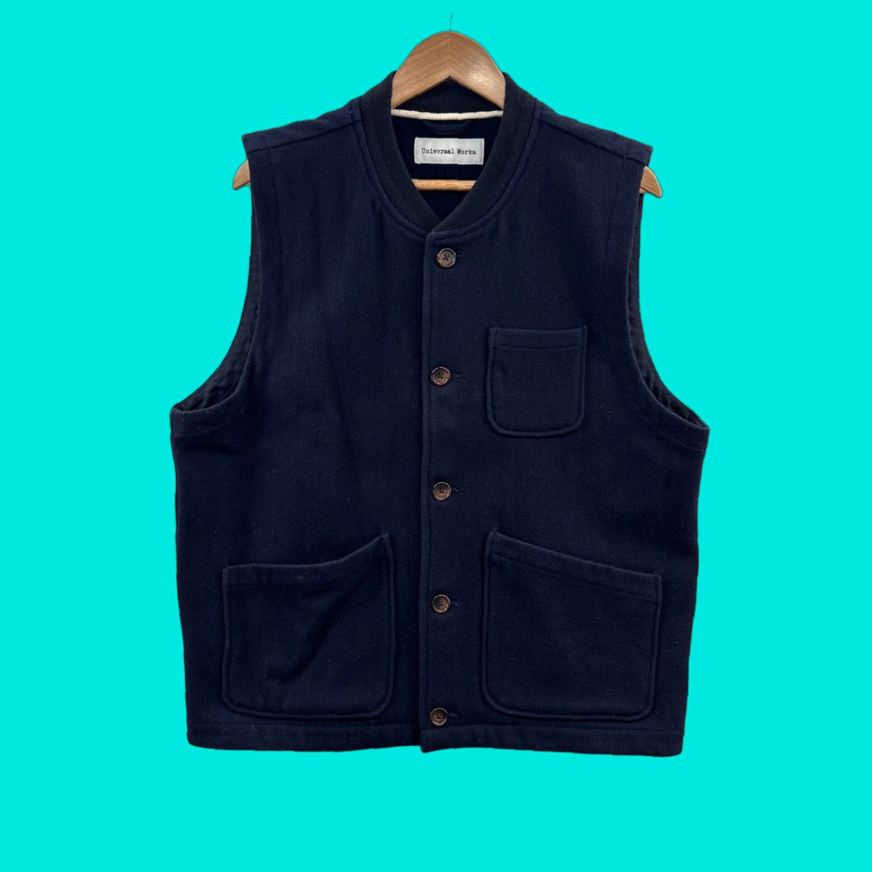 VINTAGE Universal Works Gilet Waistcoat Mens Large Blue Wool