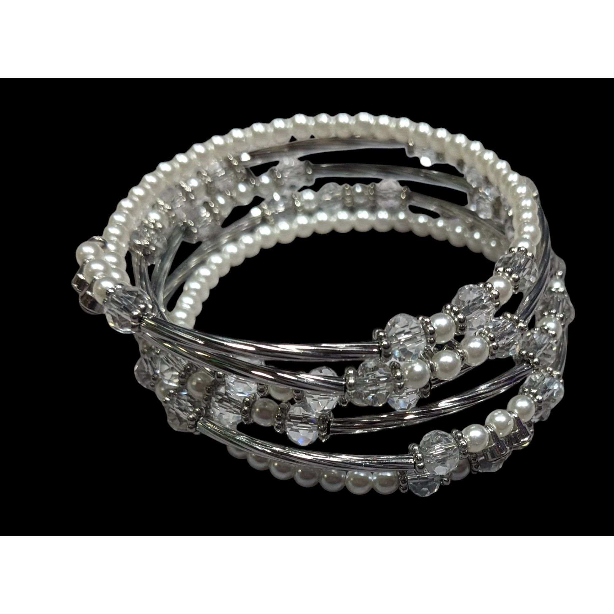 Other Elegant Glam White And Silver Tone Beaded Coil Bracelet Size ONE SIZE - 1 Thumbnail
