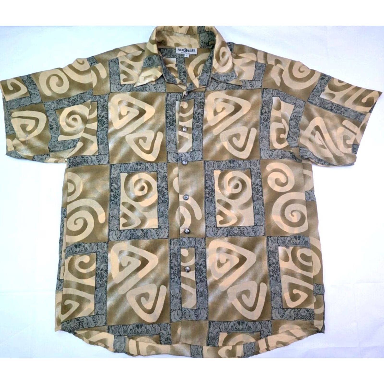 Vintage VINTAGE Paolo Maldini Button-Up Shirt Men L Brown Abstract Paisley Swirls Vines All Over Print Aztec model Designer Retro Photo: 90s-Theme Size US L / EU 52-54 / 3 - 3 Thumbnail