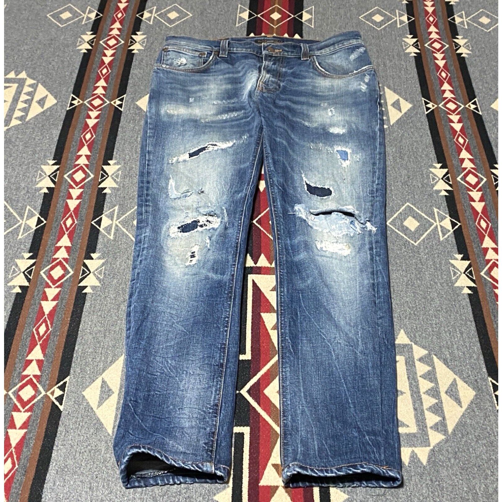 image of Vintage Nudie Denim Jeans Pants Thin Finn Distressed Slim Stretch Mens Size 32X28 T66 in White