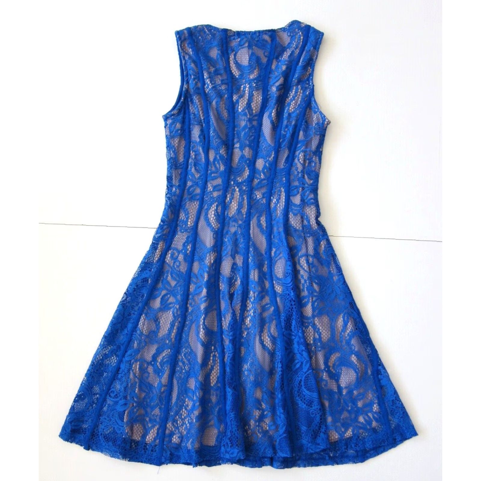 Vintage Cadalite Blue Lace Floral Stretch Sleeveless A-Line Party Tank Dress Small Sun Dress Women Size S / US 4 / IT 40 - 2 Thumbnail