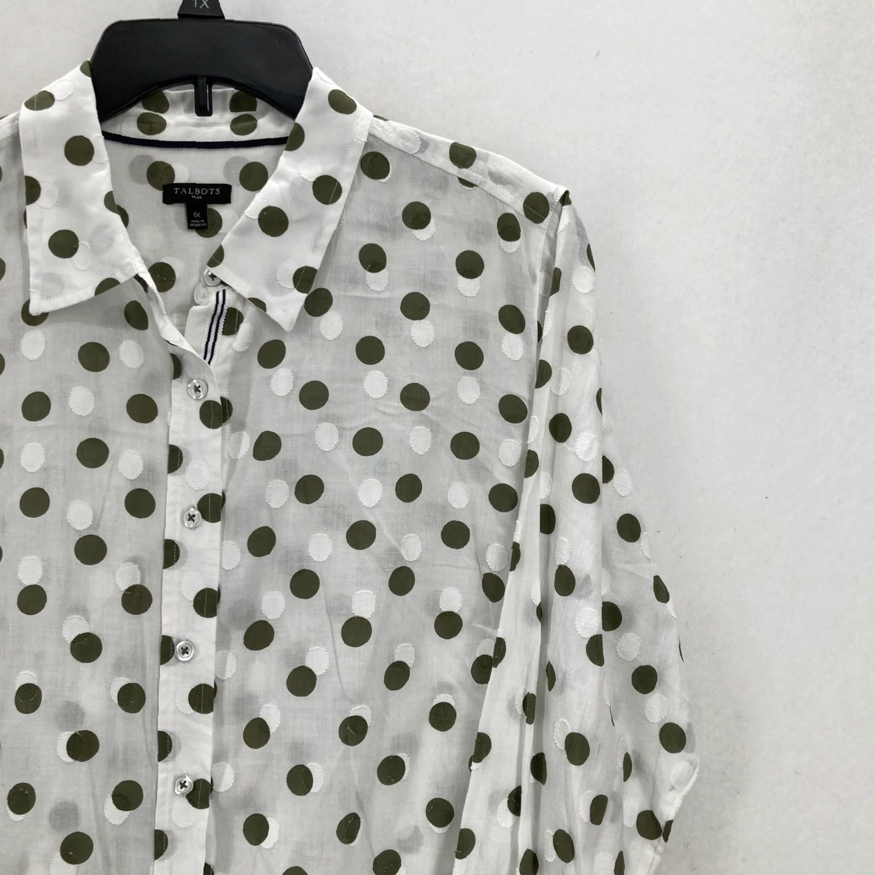 Talbots Talbots Shirt Womens 1X White Olive Green Polka Dot Button Front Summer Casual Shirt Size XL / US 12-14 / IT 48-50 - 2 Thumbnail