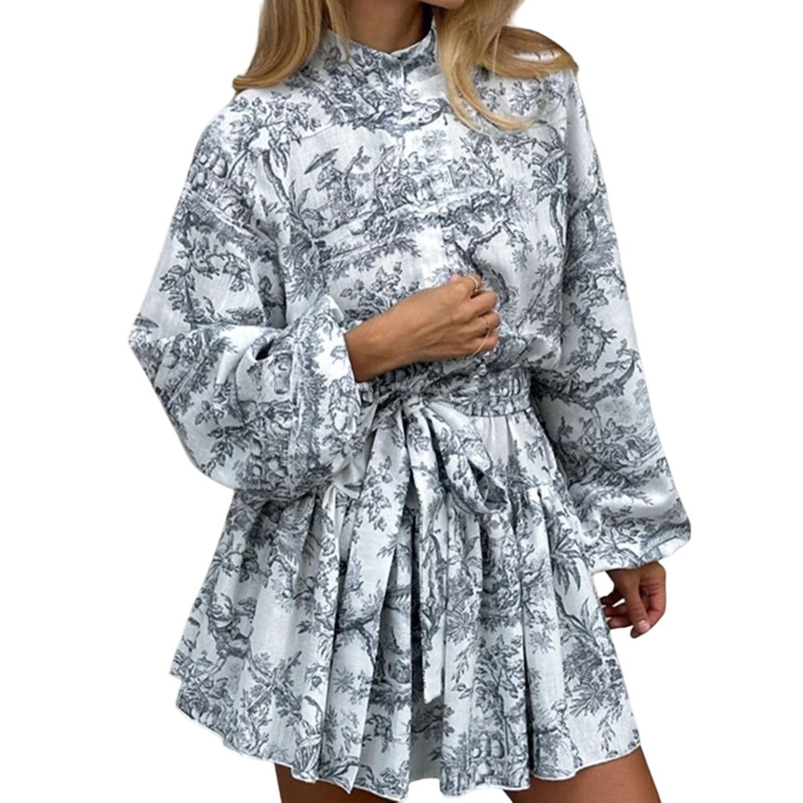 Other Commense Grey Ink Painting Print Tie Up A-Line Short Dress Size S / US 4 / IT 40 - 1 Thumbnail