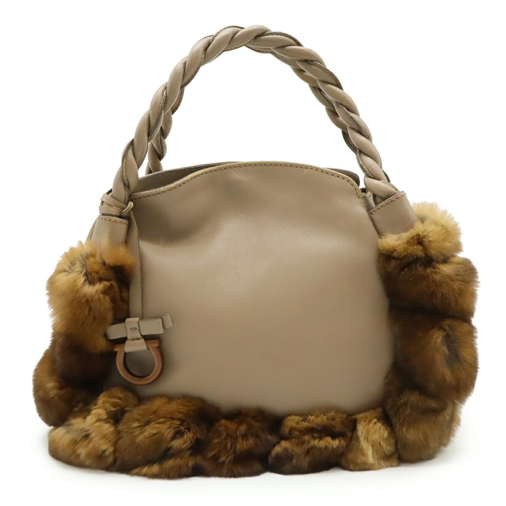 Salvatore Ferragamo Gancini Handbag with Twisted Handles Leather Lapin and Rabbit Fur in Greige (BW-21B372)