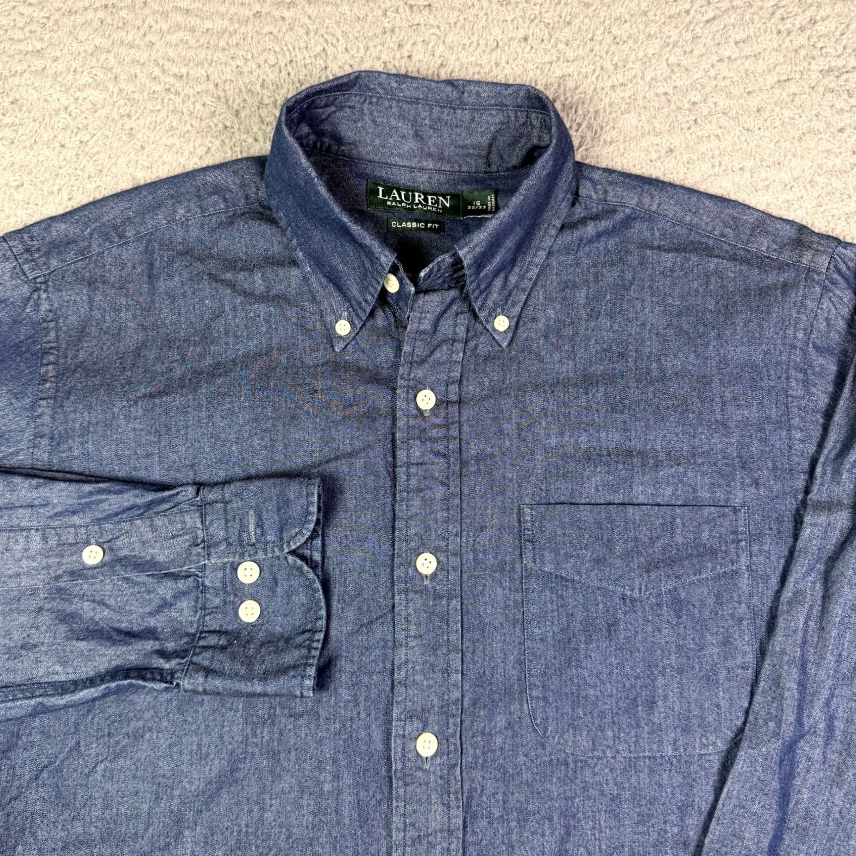 Ralph Lauren VINTAGE Lauren Ralph Lauren Shirt Mens 15 32/33 Blue Chambray Classic Pony Denim Button-Up Front-Button Collared Long Sleeve Casual Size US L / EU 52-54 / 3 - 2 Thumbnail