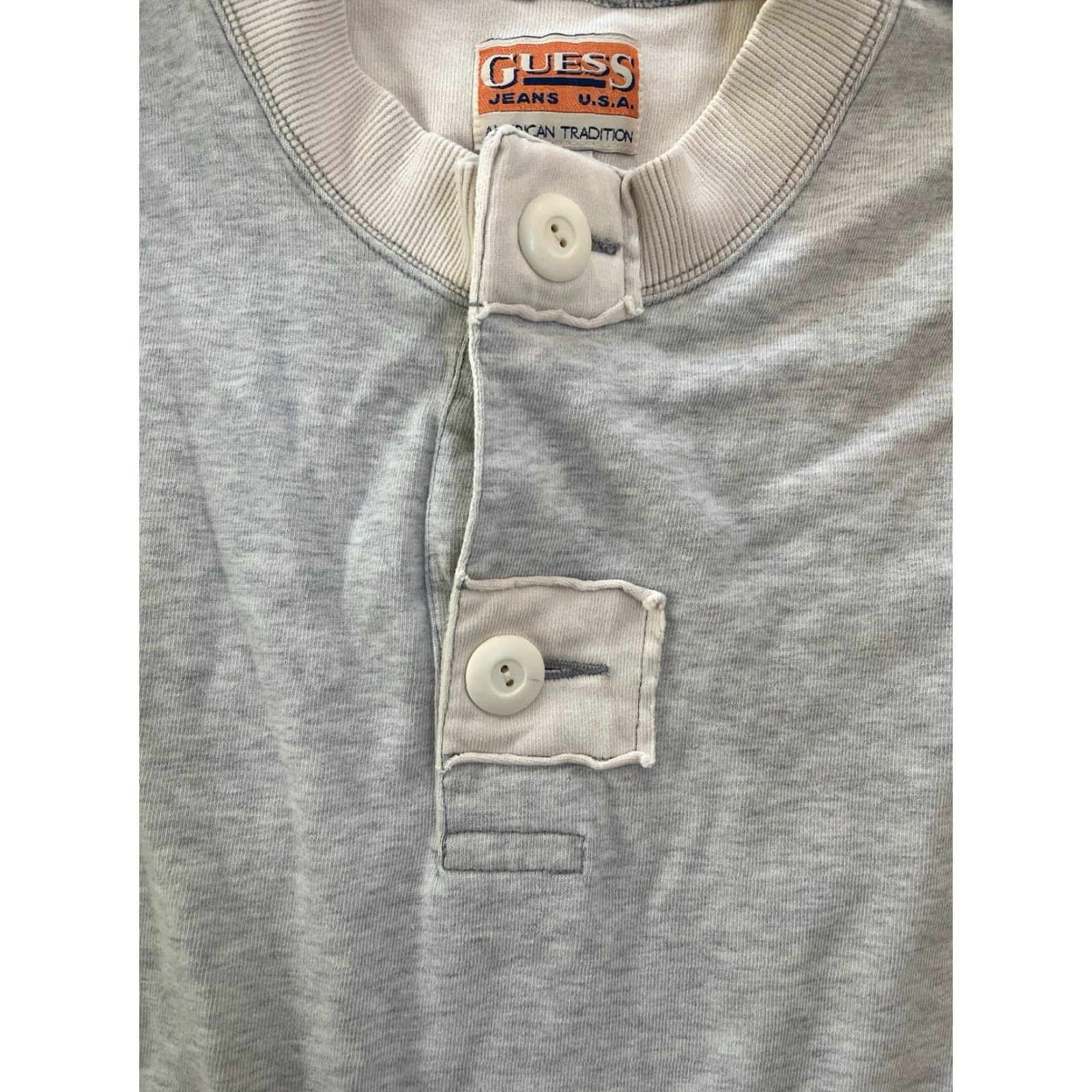 Guess VINTAGE GUESS Shirt Mens L Cotton 90s Crew Neck Sweatshirt Gray Ash 2 Button Patch Logo Pullover - 90s Decade, Cotton, Long Sleeve, Size L Size US L / EU 52-54 / 3 - 3 Thumbnail
