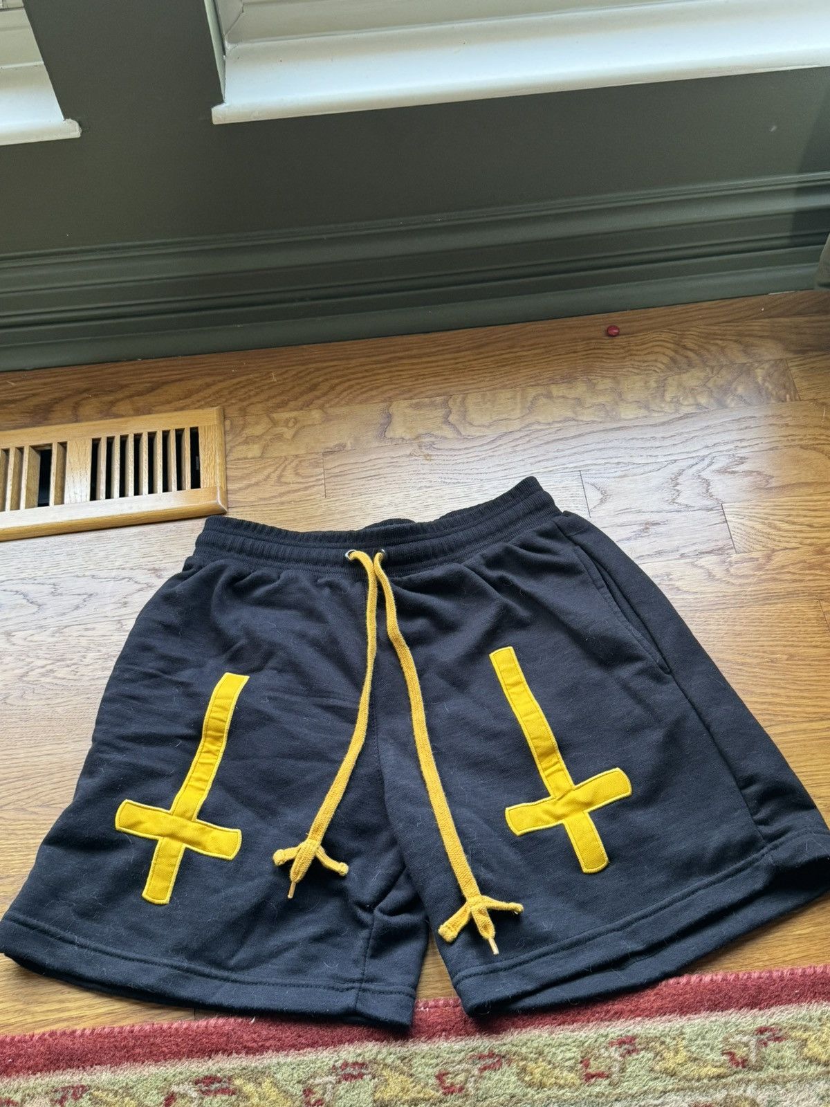 Image of Rap Tees x Trap Lil Darkie Upside Down Cross Shorts With Cross Drawstrings in Black, Men's (Size 30