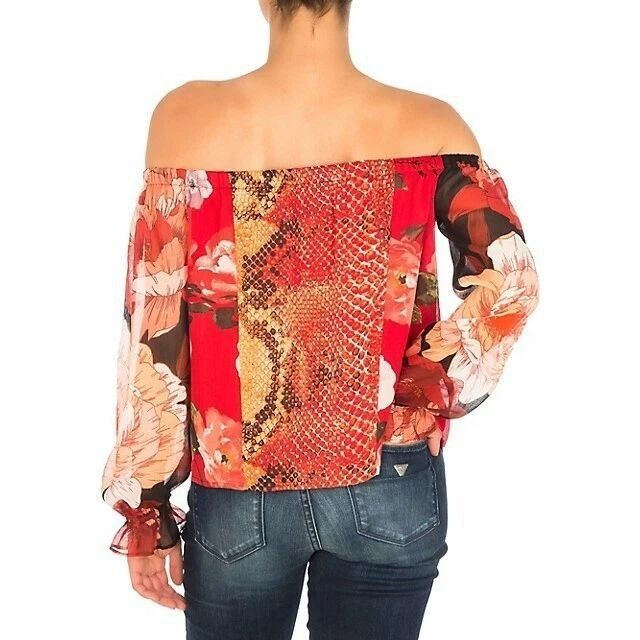 Guess GUESS Pamelia Chiffon Off-The-Shoulder Top, Red-multi, Sz. S Size S / US 4 / IT 40 - 2 Thumbnail