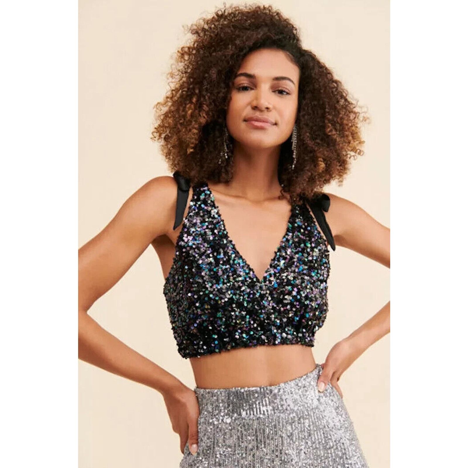 Free People NEW Free People Intimately Big Night Sequin Crop Top BLACK Size M / US 6-8 / IT 42-44 - 1 Thumbnail
