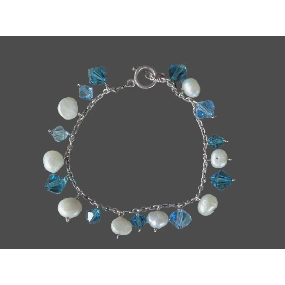 Other Blue Beaded Pearl Dangle Bracelet 925 Sterling Silver Chain Size ONE SIZE - 1 Thumbnail