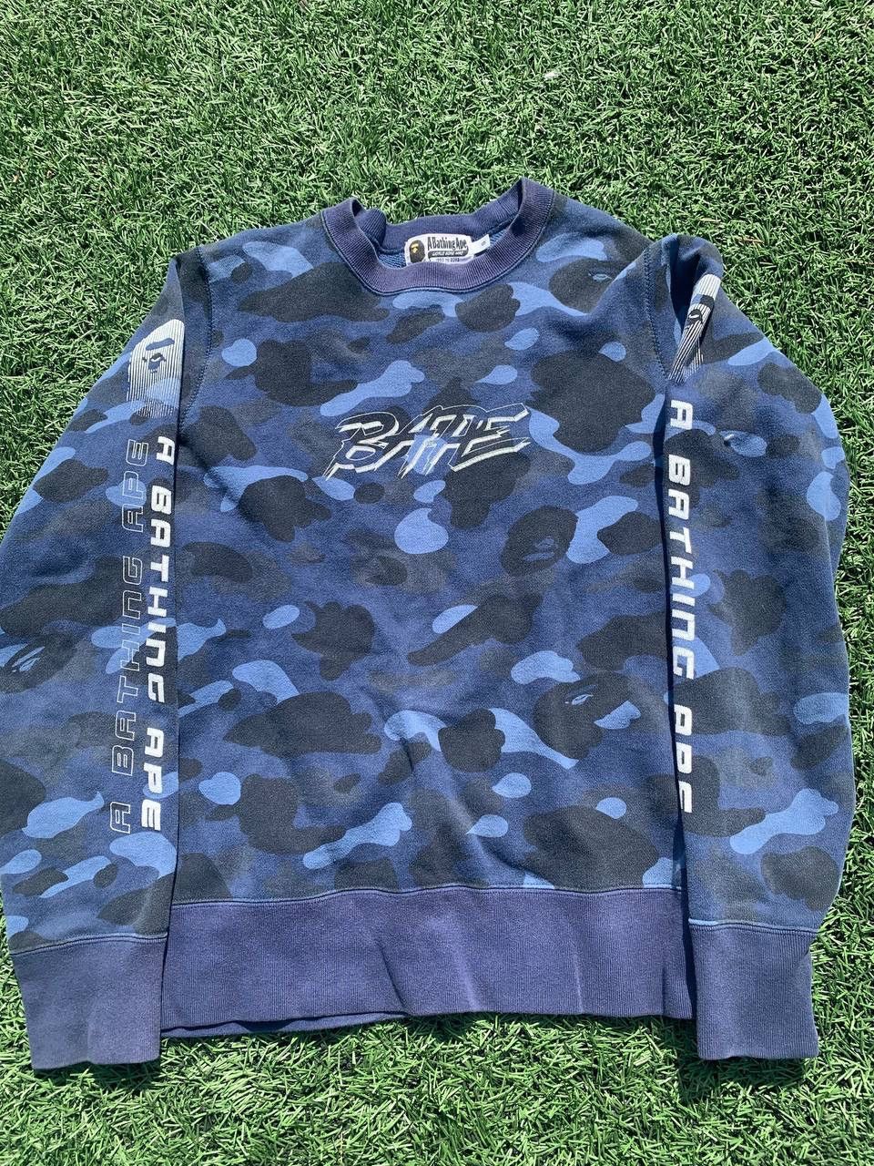 Image of Bape Blue Camo Spell Out Logo Sweatshirt, Men's (Size Small)