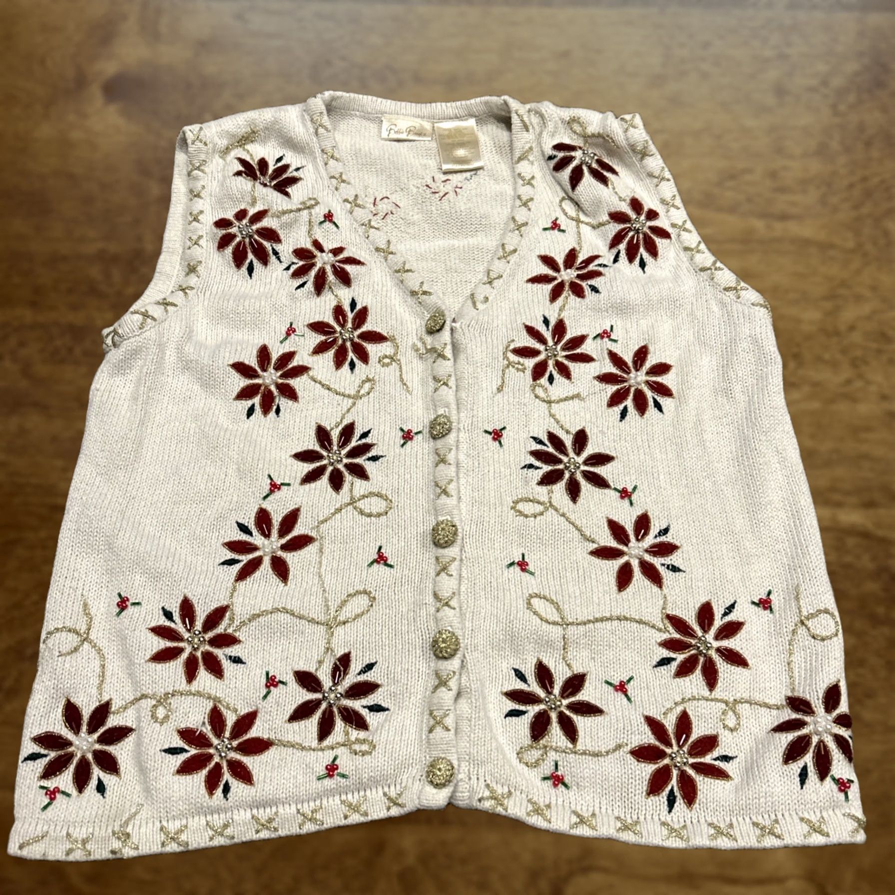 Vintage Bobbie Brooks Ivory Sweater Vest Poinsettia Beaded Christmas Women's S A28 Vest Knit Sleeveless Holiday Floral 90s? Size S / US 4 / IT 40 - 1 Thumbnail
