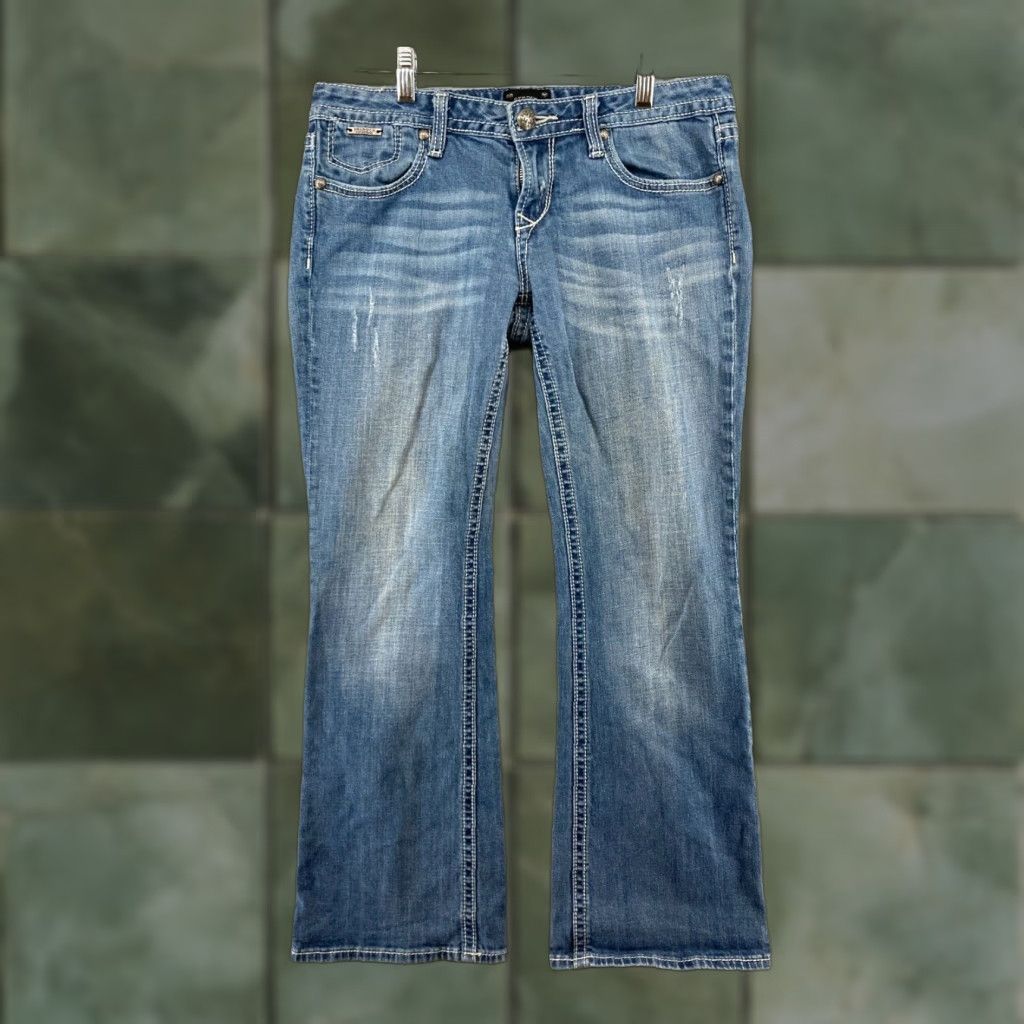 Express Express Bootcut Jeans Womens 32 Low Rise Distressed Thick Stitch Blue Cotton Blend Size 24" / US 00 / IT 34 - 1 Thumbnail