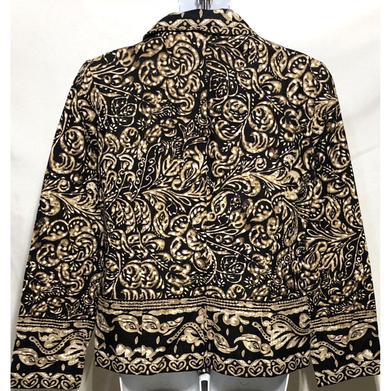 Vintage RQT Linen Jacket Size 10 Blk Gold Geo Zipper Front Long Sleeve Lined Collar Womens Jacket Geometric Boho Casual Travel Workwear Size L / US 10 / IT 46 - 3 Thumbnail