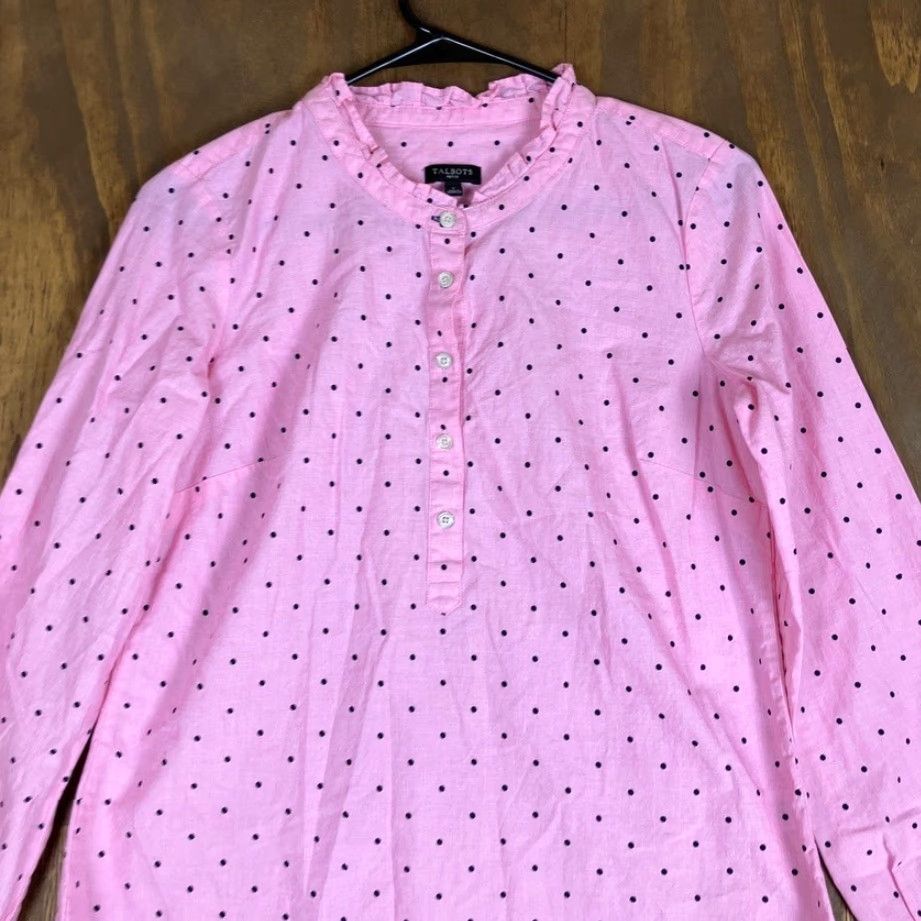 Talbots Talbots Womens Blouse Pink Black Polka Dot Ruffle Neck Long Sleeve Petite Size XXS / US 00 / IT 34 - 2 Thumbnail
