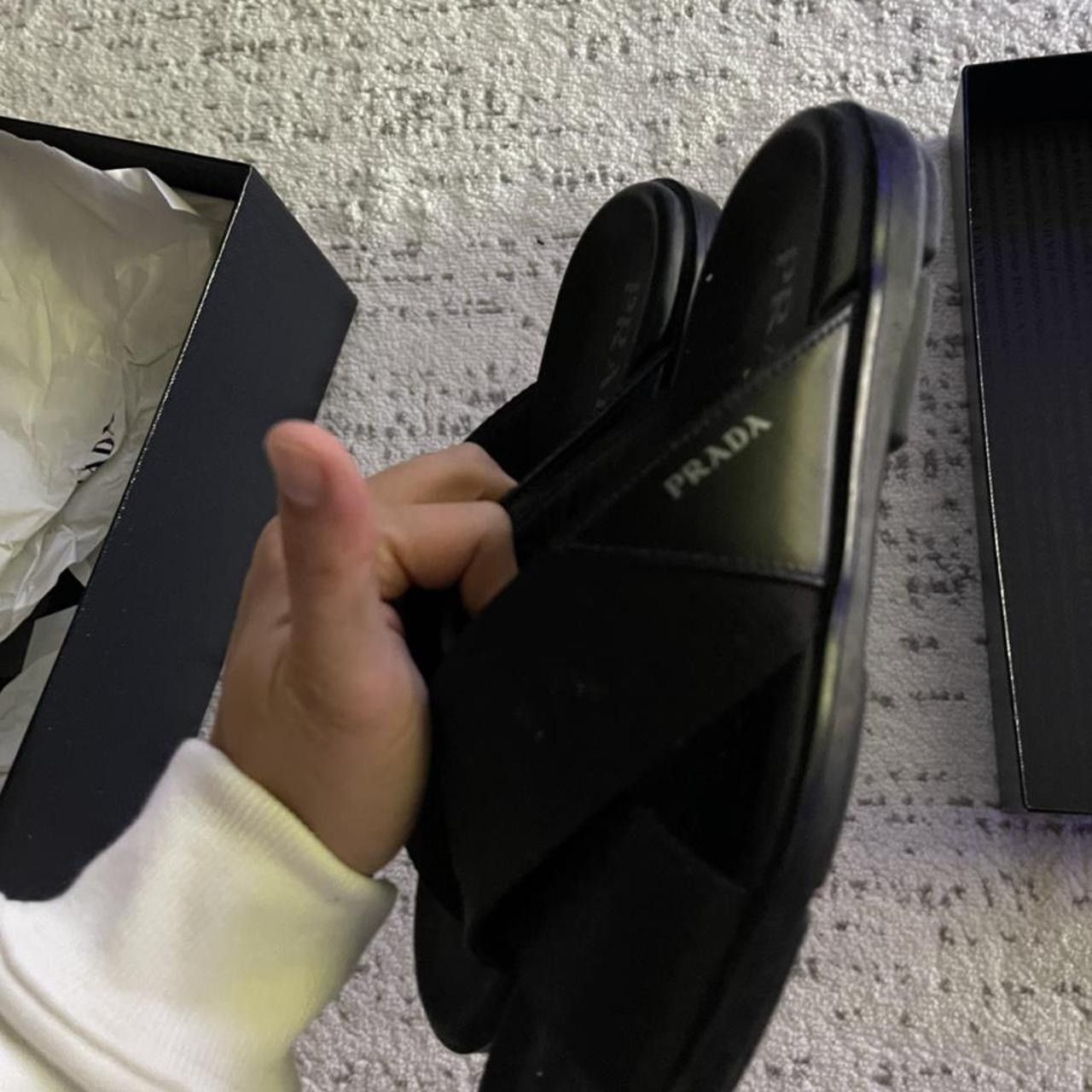 Designer × Prada Prada Brushed leather and Re-Nylon tape crisscross slides Size US 8.5 / EU 41-42 - 2 Thumbnail