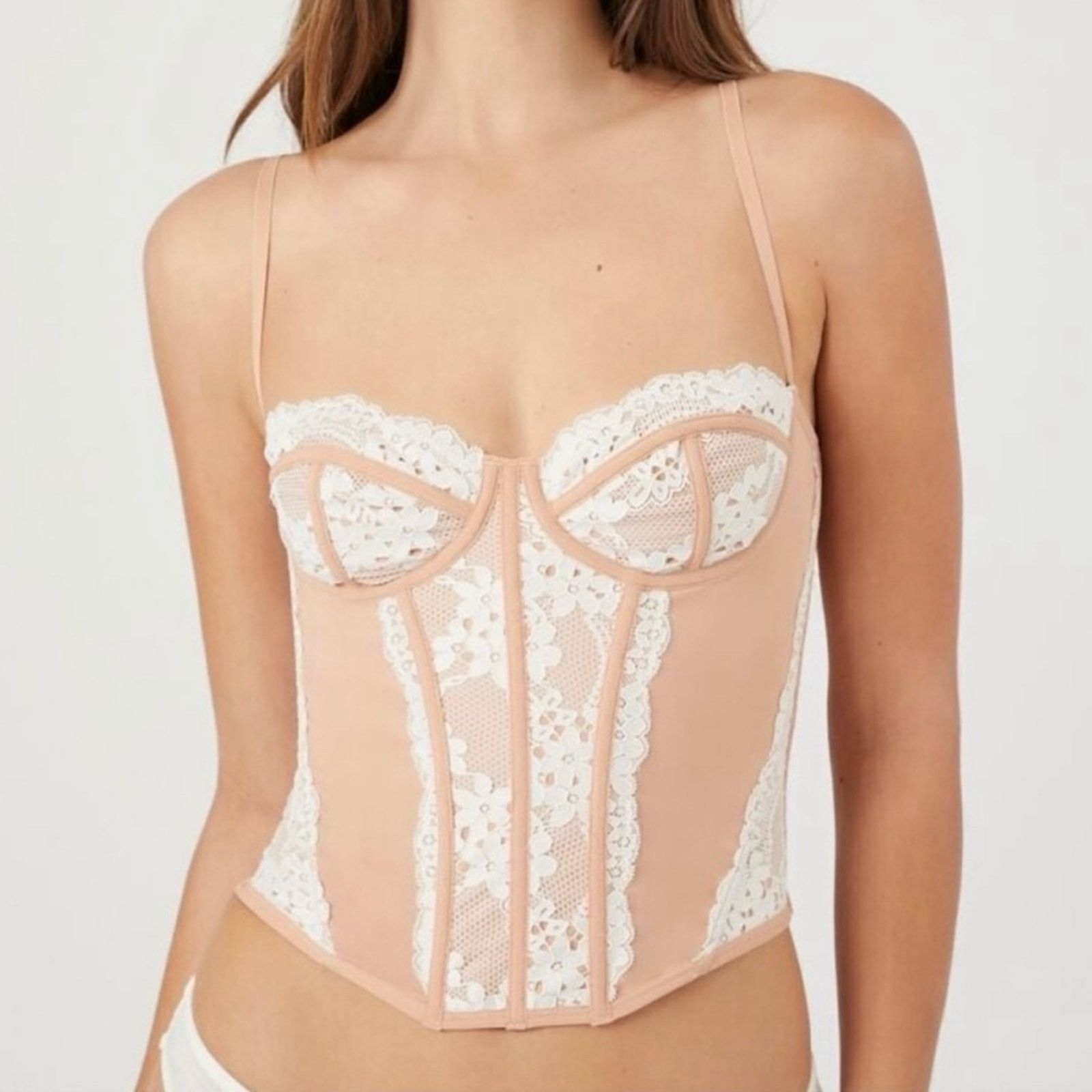 Forever 21 Forever 21 Lace Bustier Pink White Corset Top Adjustable EUC Size ONE SIZE - 1 Thumbnail