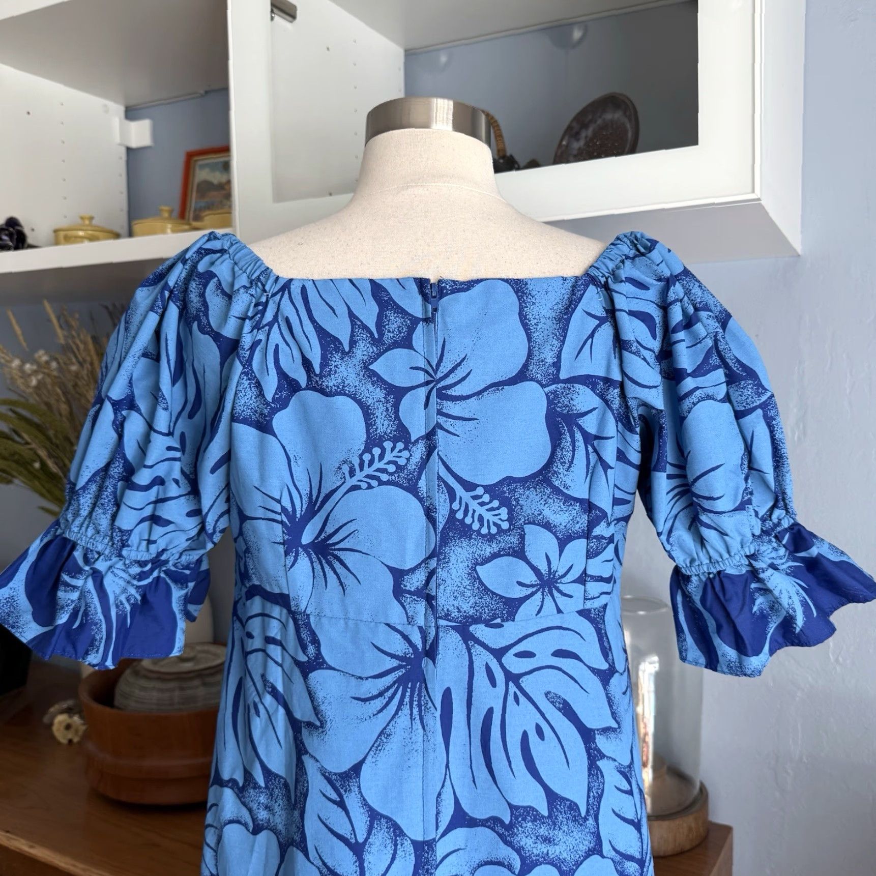 Vintage Smart Design Made In Hawaii Hawaiian Dress Puff Sleeves Floral Tiki Aloha M Blue Maxi Dress Women Casual Short Sleeve Size M / US 6-8 / IT 42-44 - 6 Thumbnail