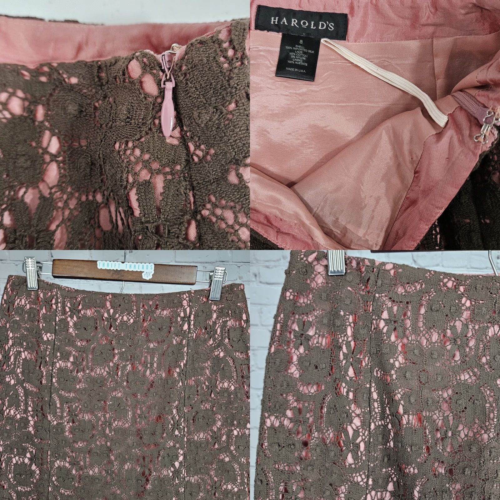 Pinko VINTAGE Harold's Skirt Pencil Knee Length Silk Crochet Lace Overlay Pink 8 Women's Boho 90s Netural? Size 30" / US 8 / IT 44 - 8 Thumbnail